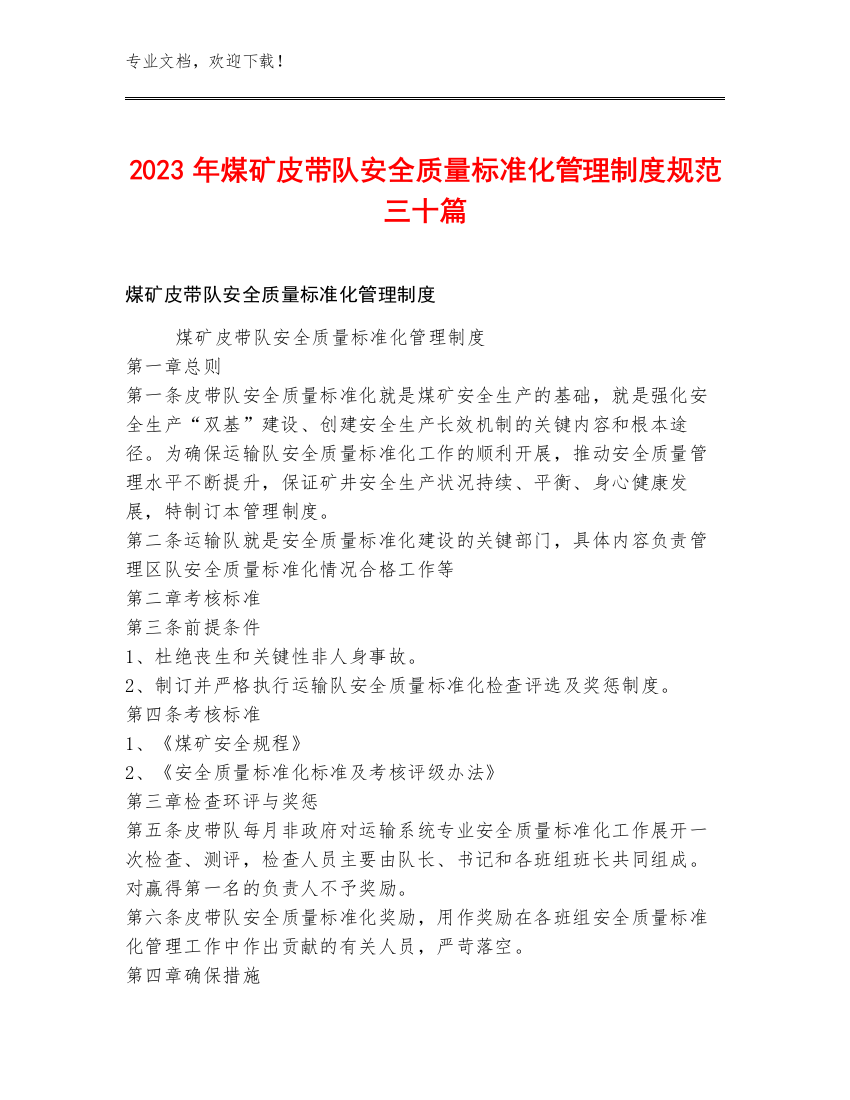 2023年煤矿皮带队安全质量标准化管理制度规范三十篇