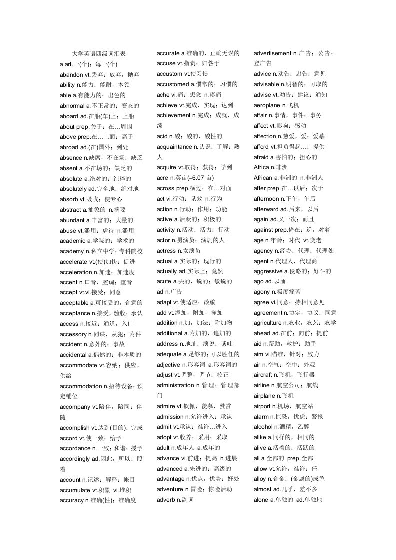大学英语四级词汇表(14)