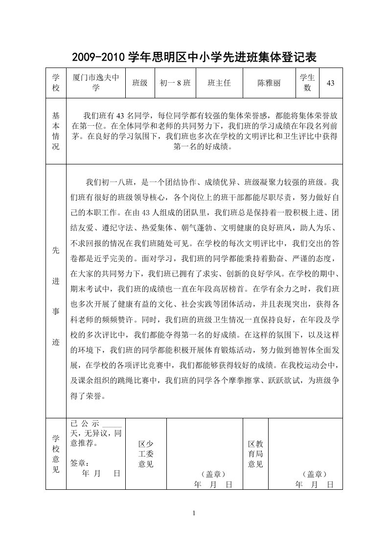 2009-2010学年思明区中小学先进班集体登记表