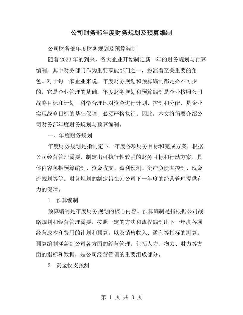 公司财务部年度财务规划及预算编制