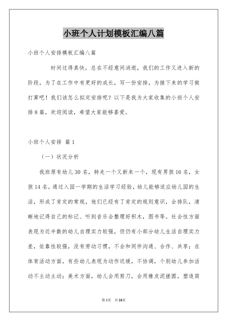 小班个人计划模板汇编八篇