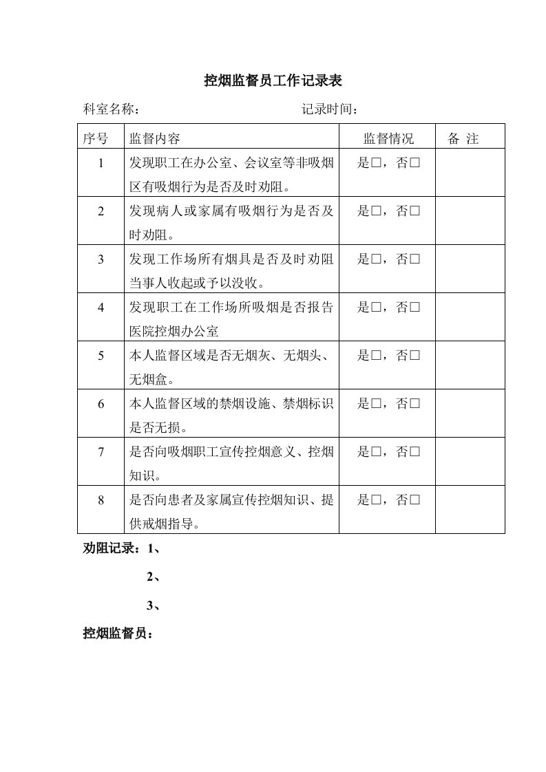 控烟监督员工作记录表