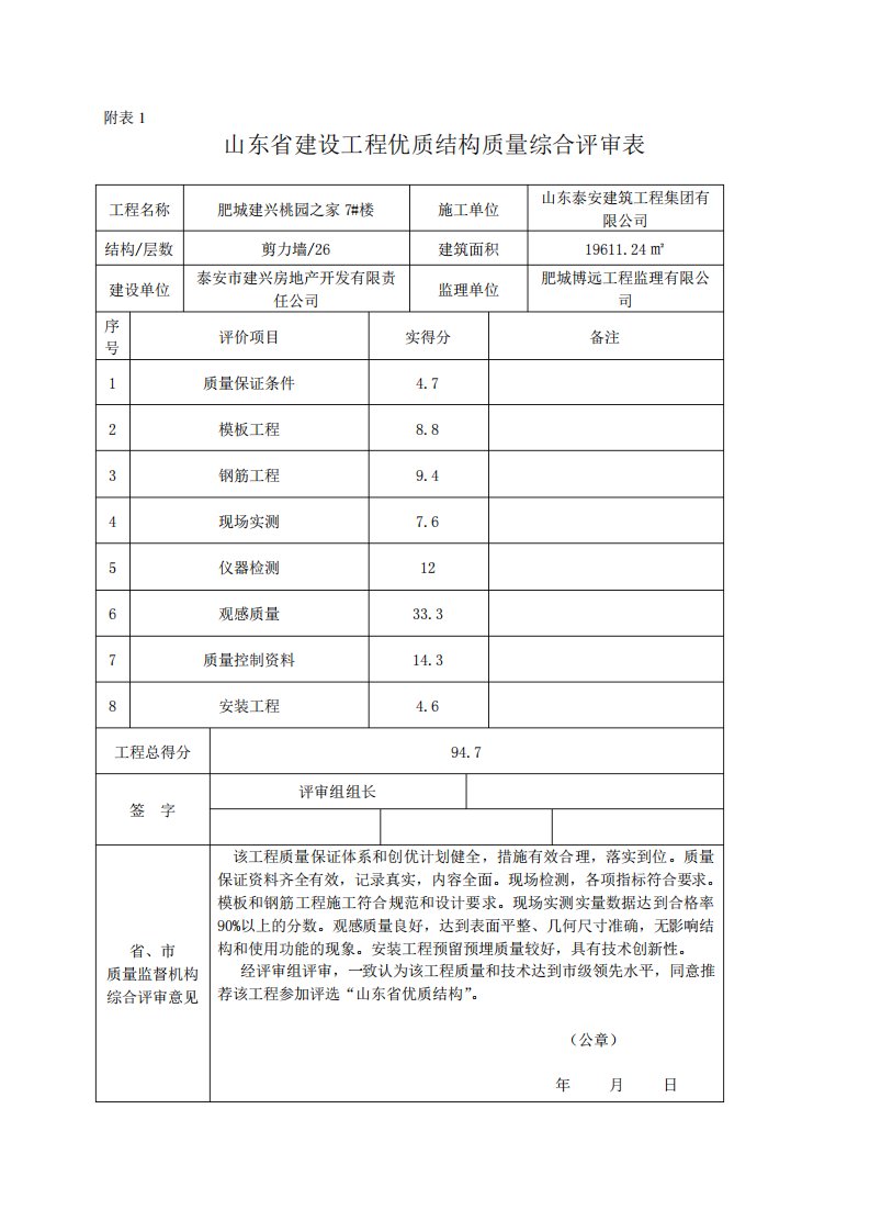 山东省优质结构评分表