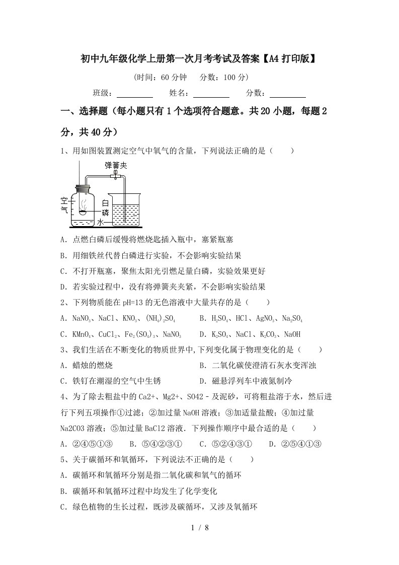 初中九年级化学上册第一次月考考试及答案A4打印版