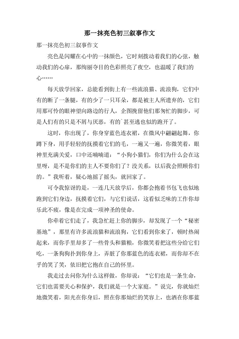 那一抹亮色初三叙事作文