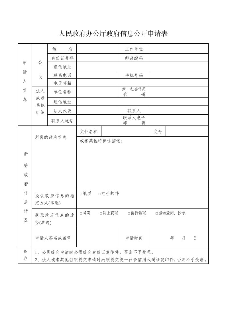 人民政府办公厅政府信息公开申请表