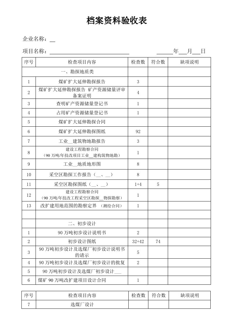 档案资料验收表