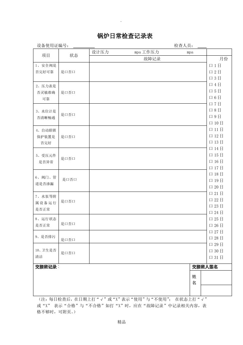 锅炉日常检查记录表