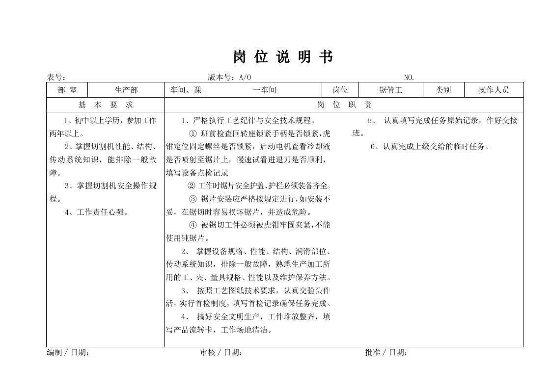 岗位职责-某大型摩配企业锯管工岗位说明书