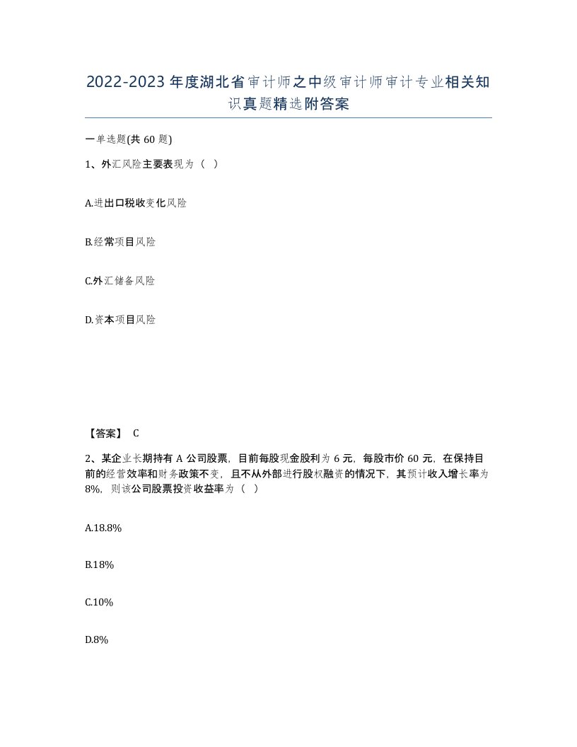 2022-2023年度湖北省审计师之中级审计师审计专业相关知识真题附答案