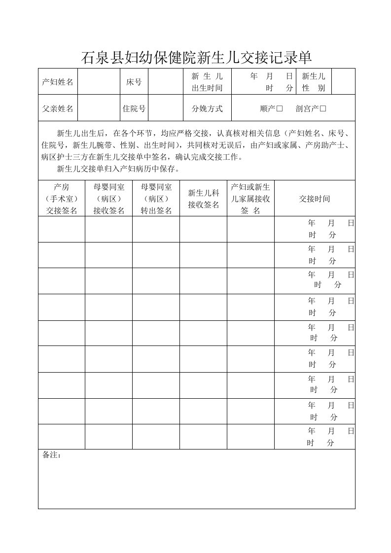 新生儿交接记录单