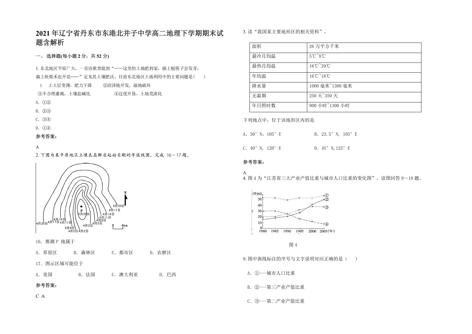 2021年辽宁省丹东市东港北井子中学高二地理下学期期末试题含解析