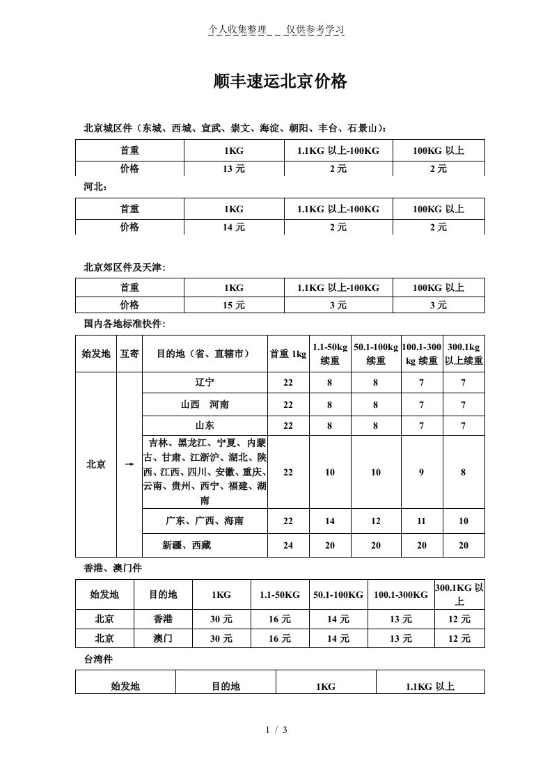 顺丰速运北京价格表（明细）