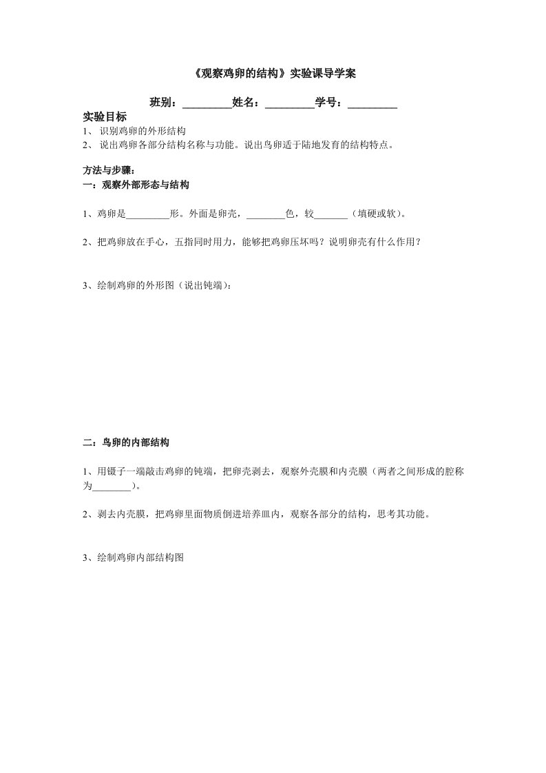 生物人教版八年级下册实验：观察鸡卵的结构导学案