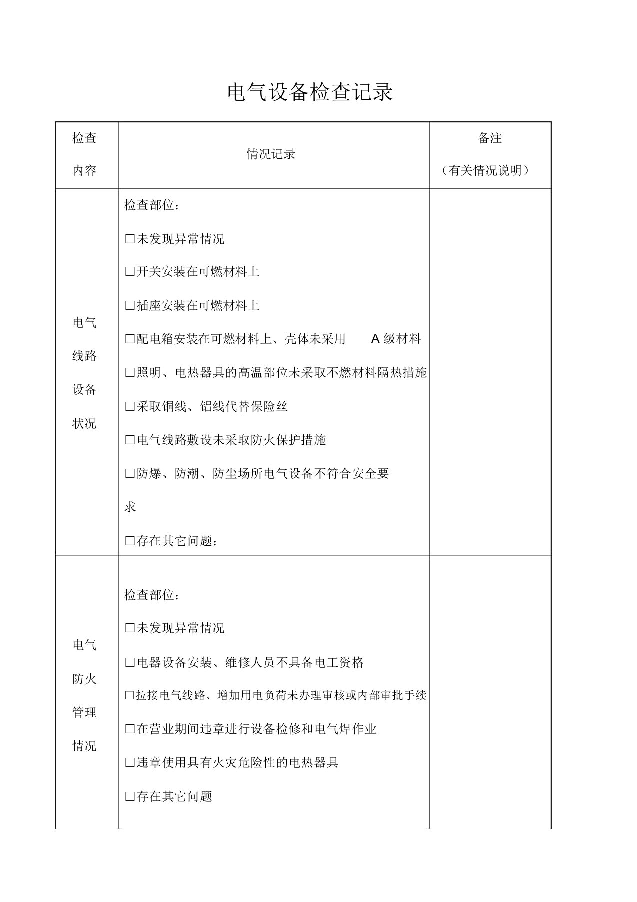 电气设备检查记录