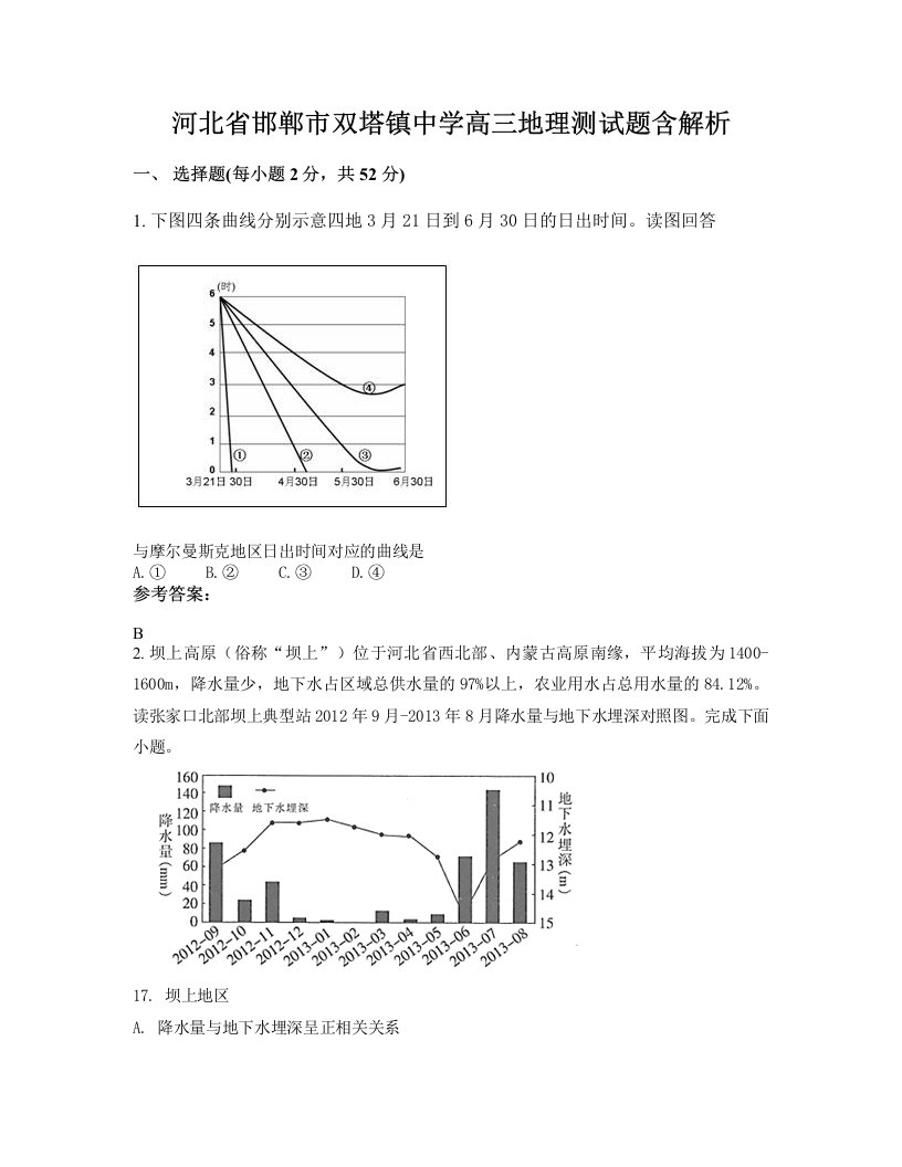 河北省邯郸市双塔镇中学高三地理测试题含解析