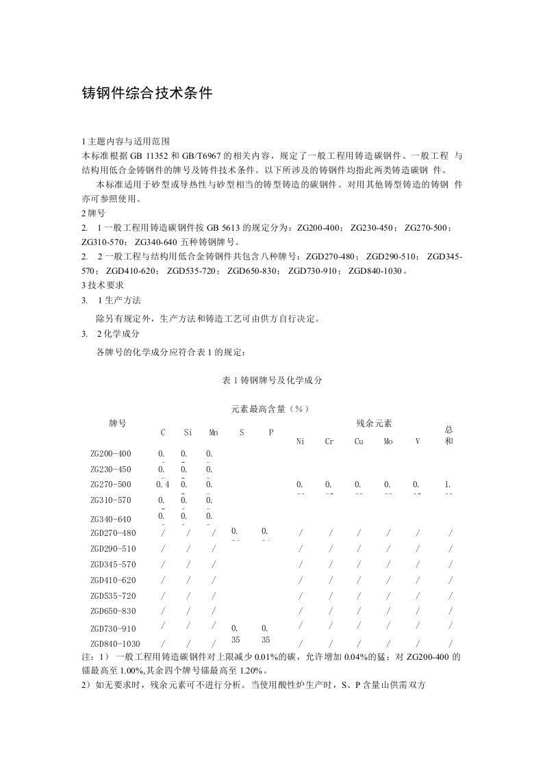 铸钢件综合技术条件