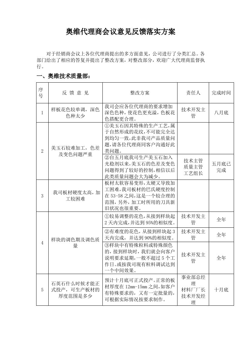 奥维代理商会议意见反馈落实方案