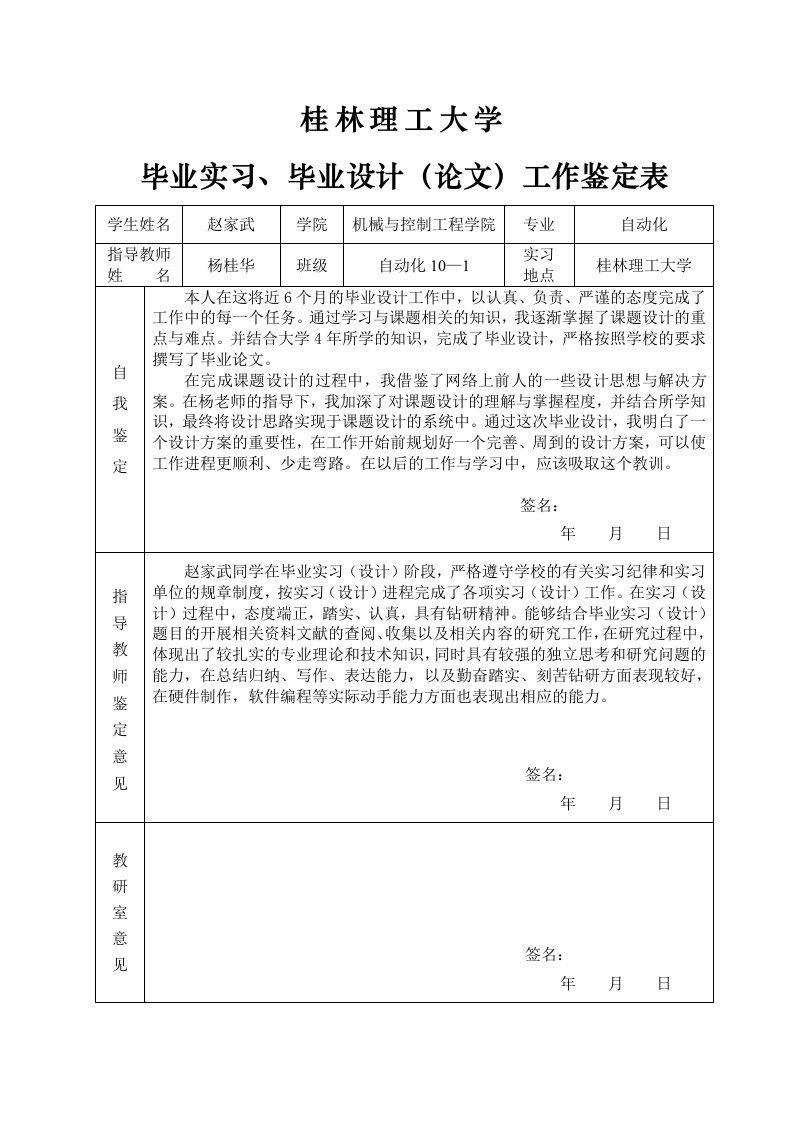 毕业设计(论文)工作鉴定表