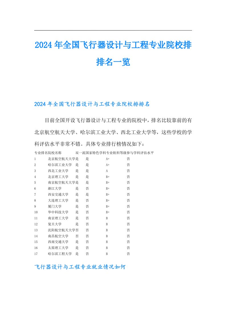 2024年全国飞行器设计与工程专业院校排排名一览