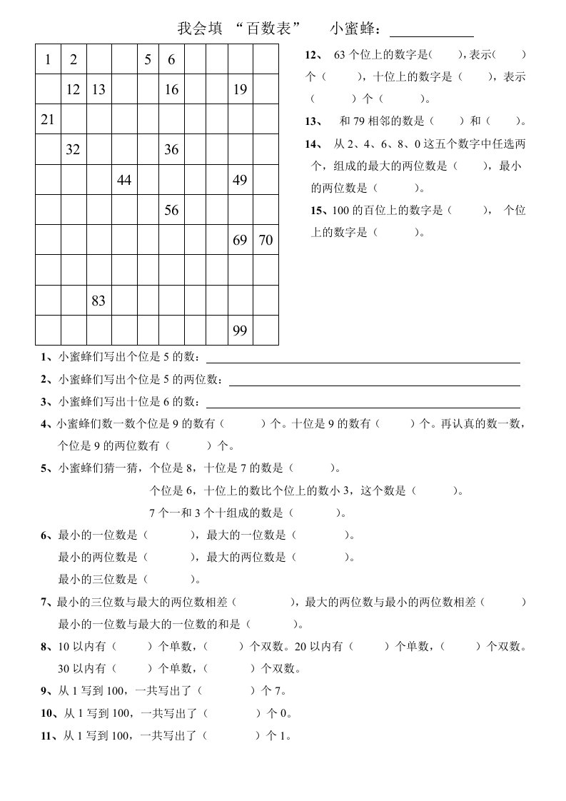 一年级下册数学百数表小测试题