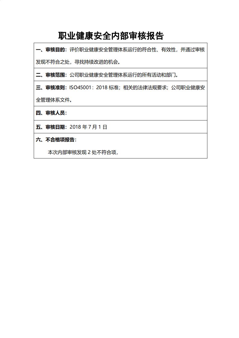 ISO450012018职业健康安全管理体系内部审核报告