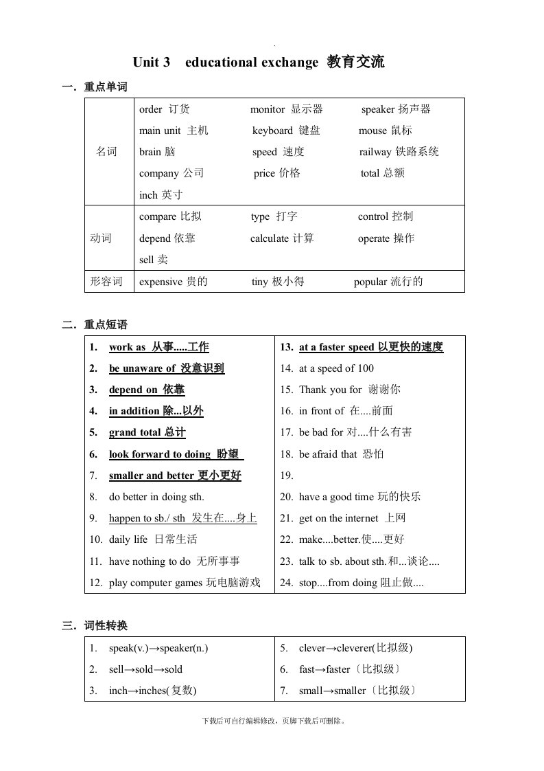 牛津深圳版英语八年级上册Unit3精编学案与习题