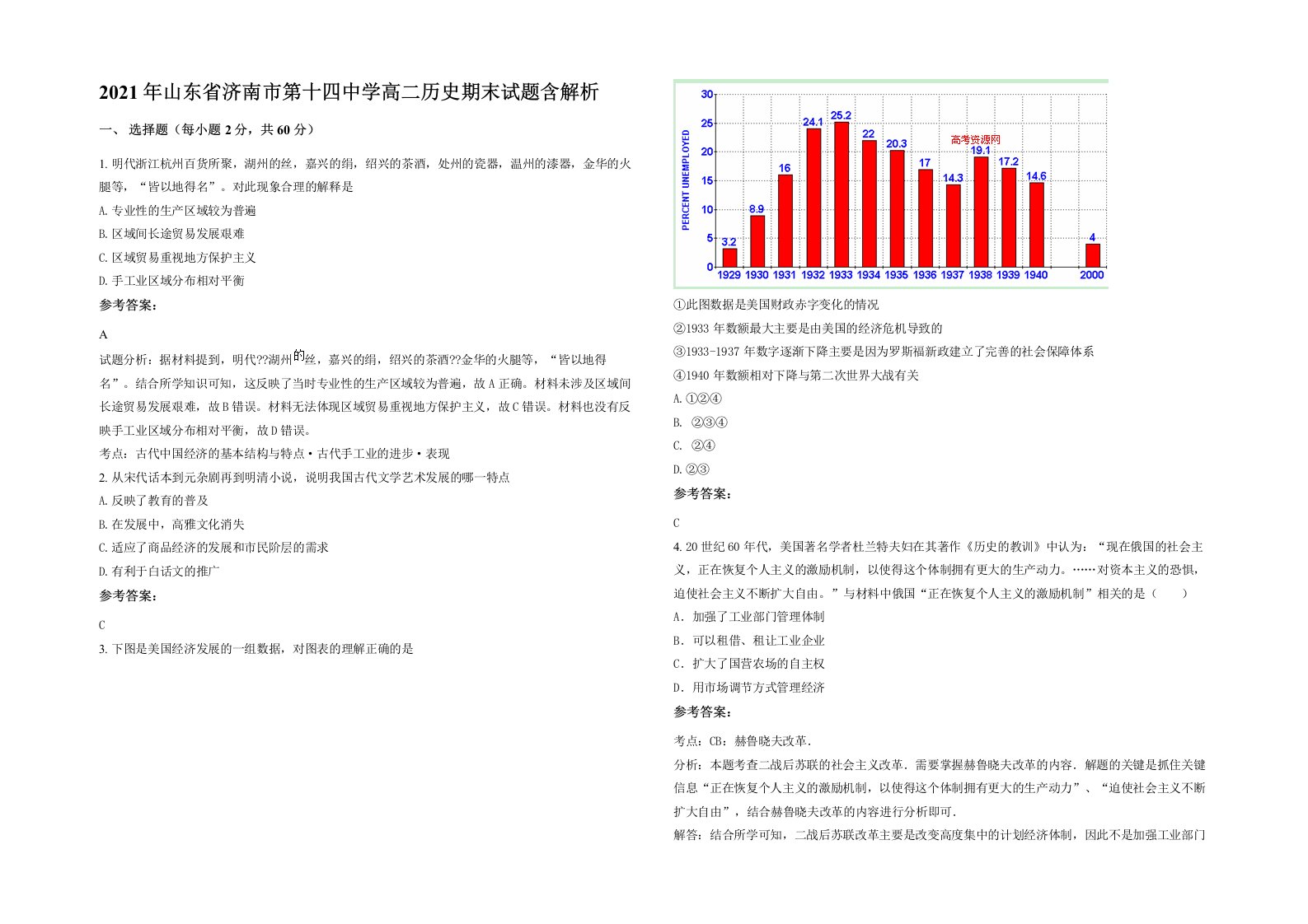 2021年山东省济南市第十四中学高二历史期末试题含解析