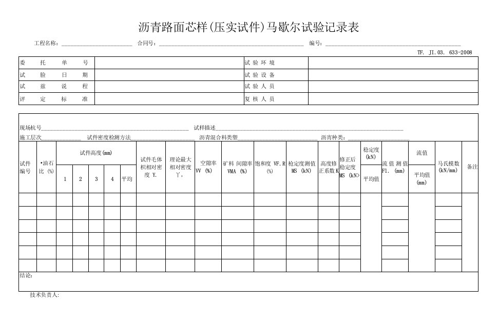 沥青芯样马歇尔试验记录表