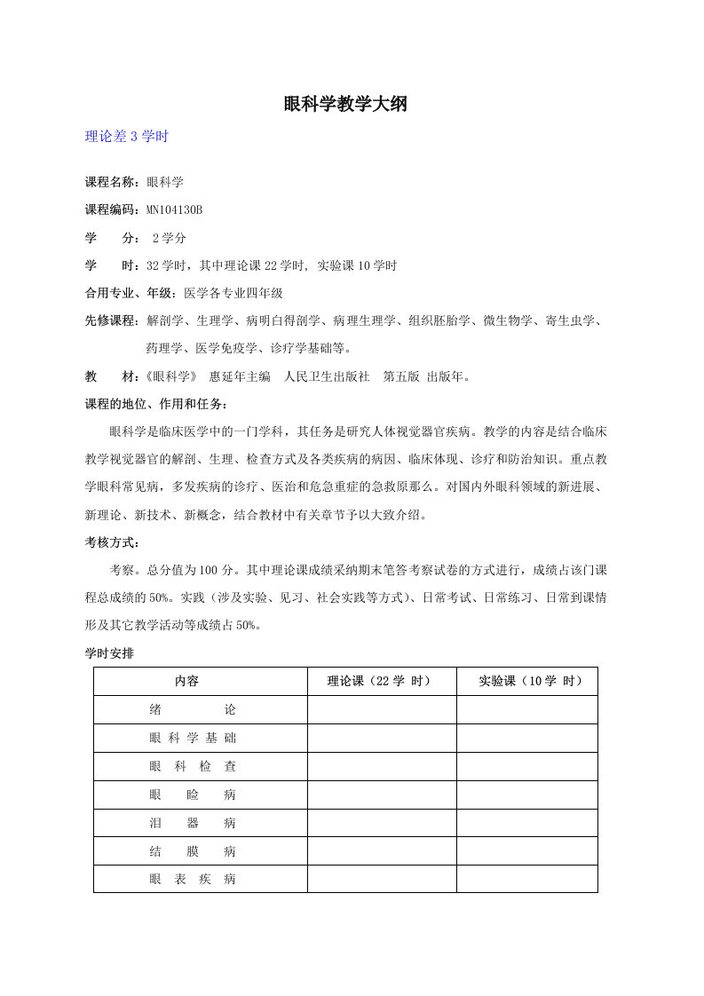 眼科学教学大纲