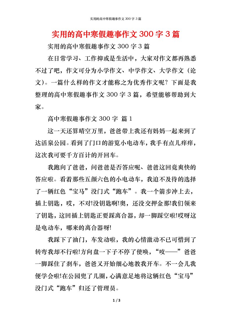 精编实用的高中寒假趣事作文300字3篇