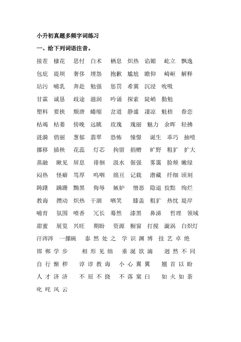 六年级小升初毕业考试字音字形字词专项训练