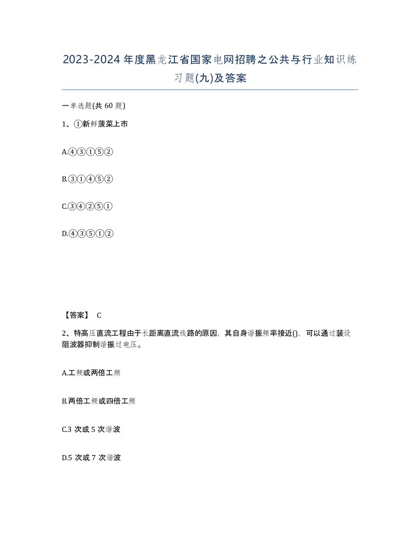 2023-2024年度黑龙江省国家电网招聘之公共与行业知识练习题九及答案