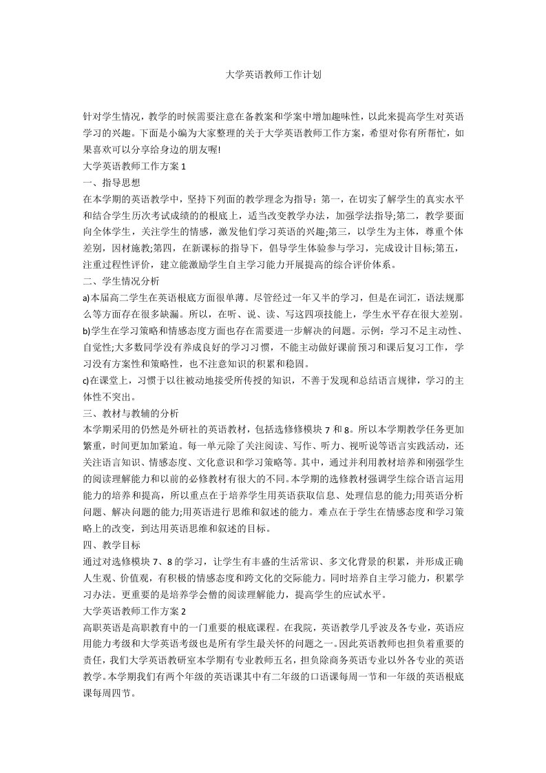 大学英语教师工作计划