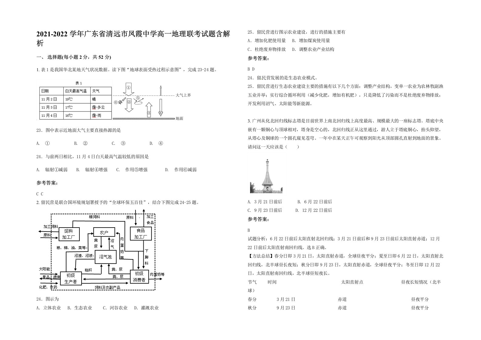 2021-2022学年广东省清远市凤霞中学高一地理联考试题含解析