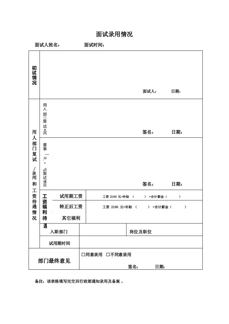 面试录用情况模板