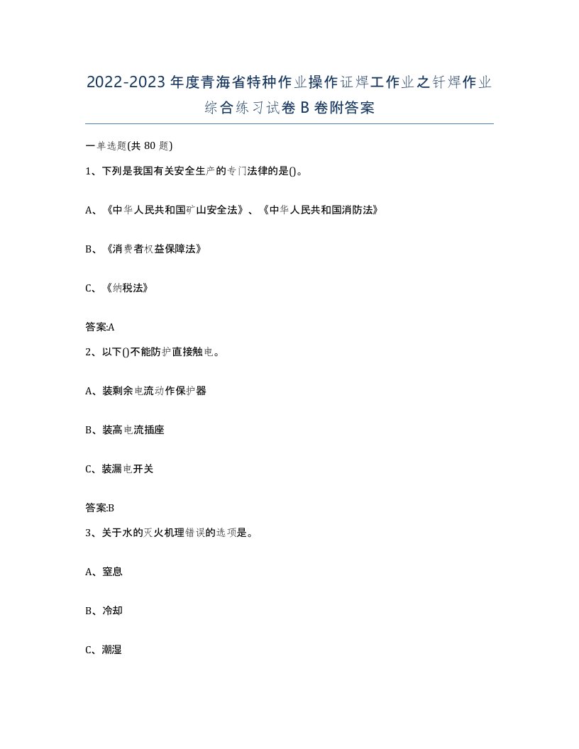 20222023年度青海省特种作业操作证焊工作业之钎焊作业综合练习试卷B卷附答案