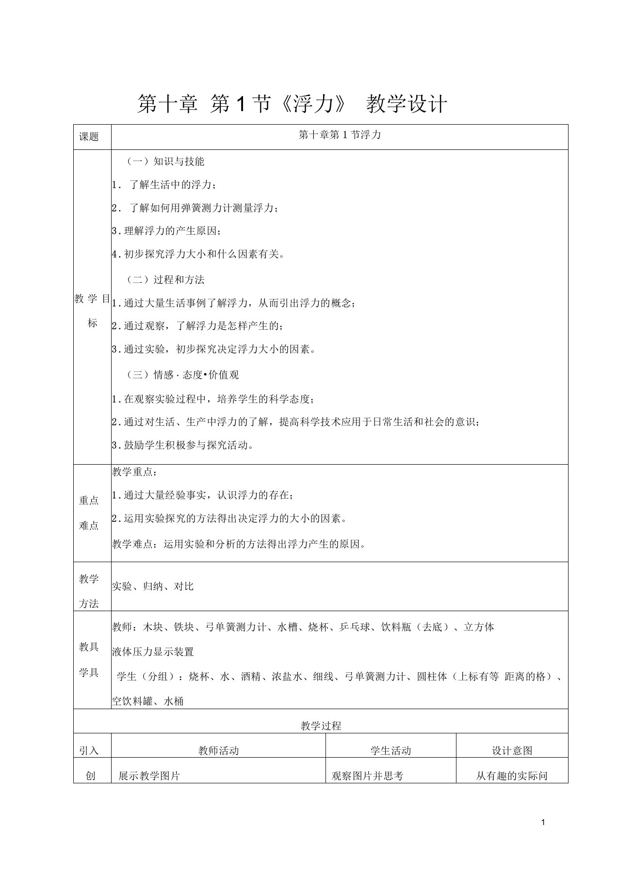 新人教版初中物理10.1《浮力》教学设计