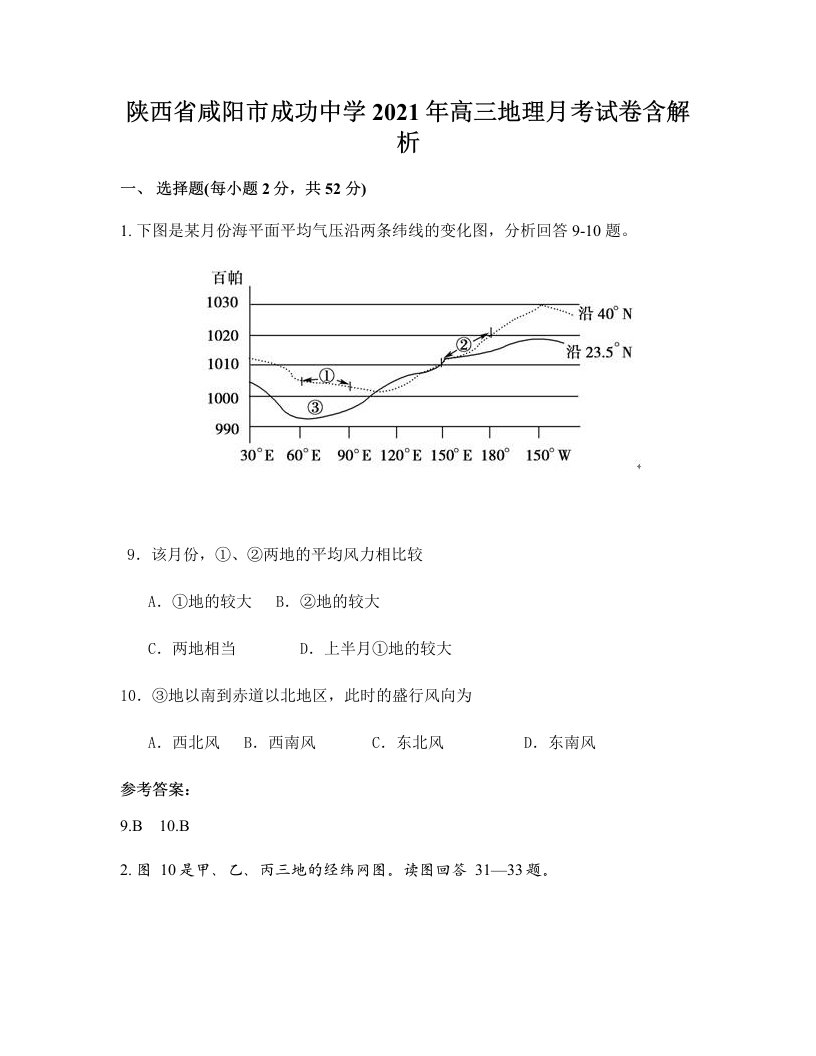 陕西省咸阳市成功中学2021年高三地理月考试卷含解析