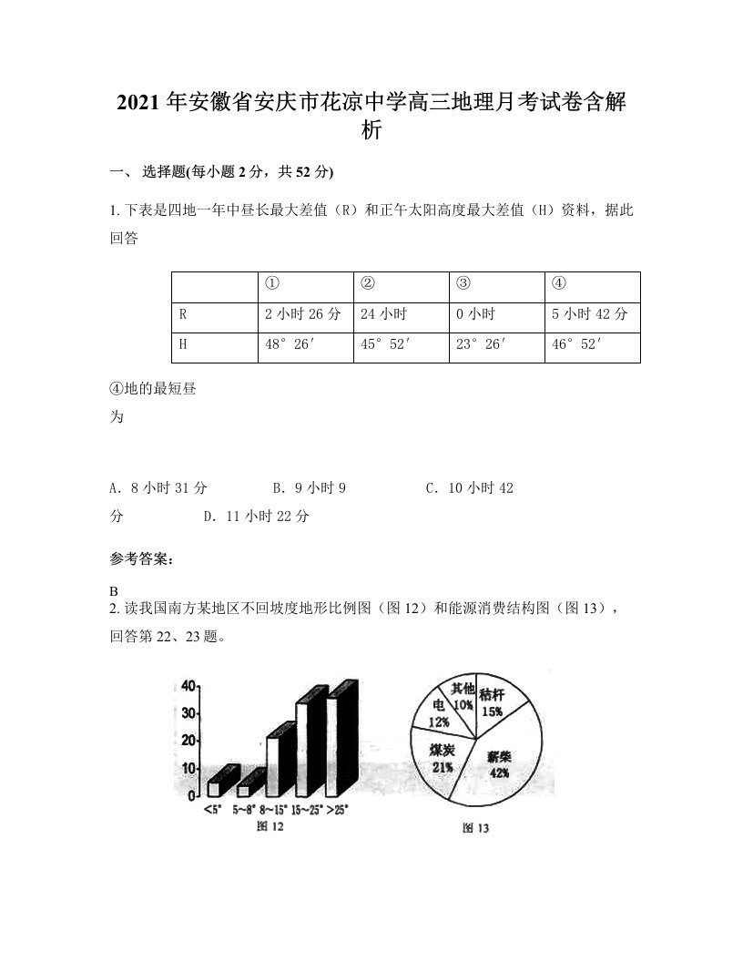 2021年安徽省安庆市花凉中学高三地理月考试卷含解析