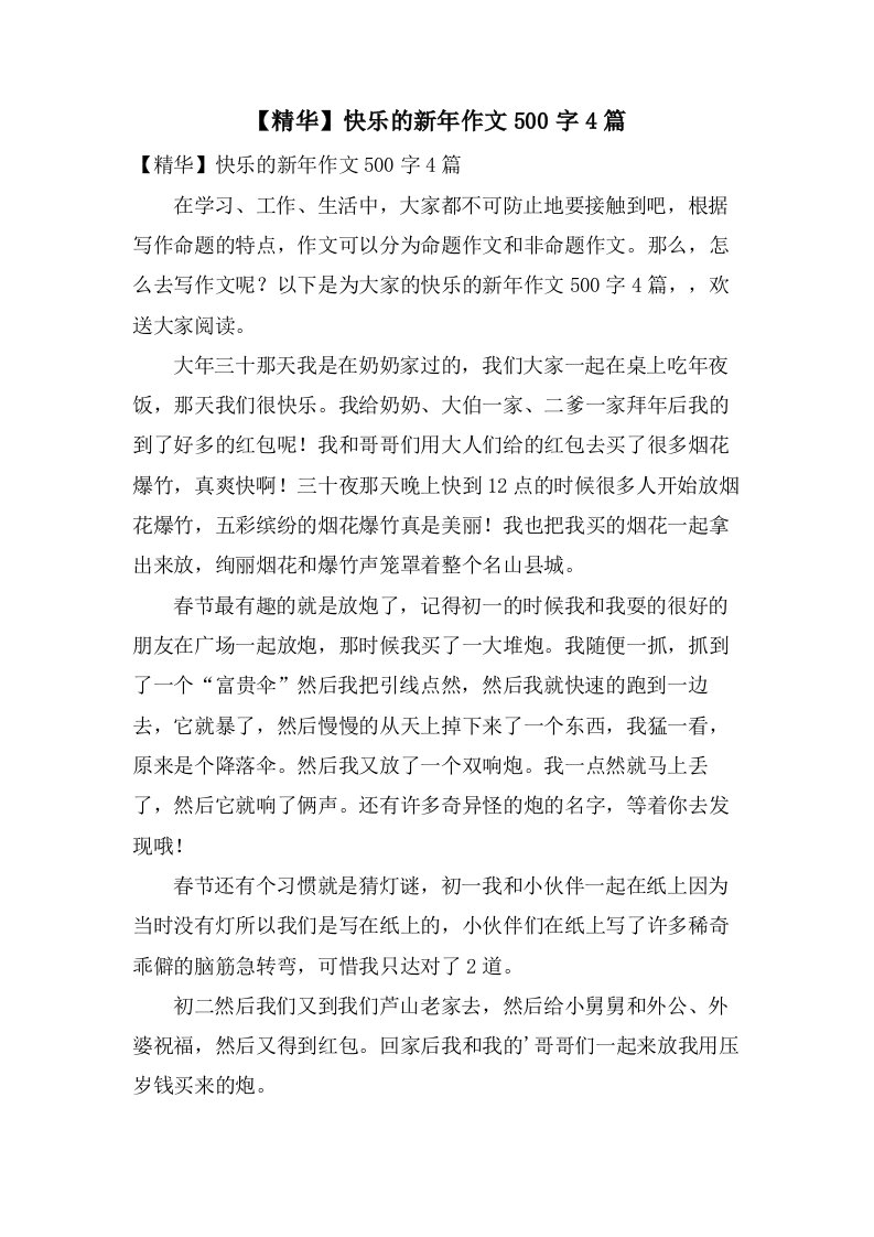 快乐的新年作文500字4篇