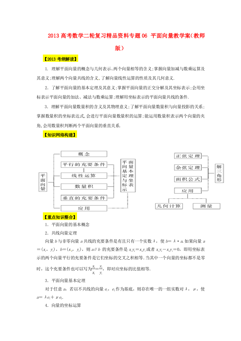 2013高考数学二轮复习精品资料专题06平面向量教学案教师版