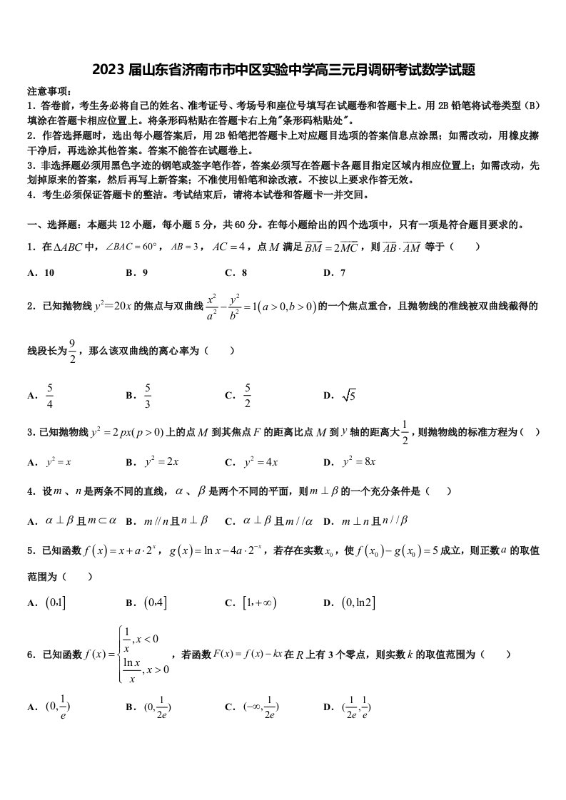 2023届山东省济南市市中区实验中学高三元月调研考试数学试题