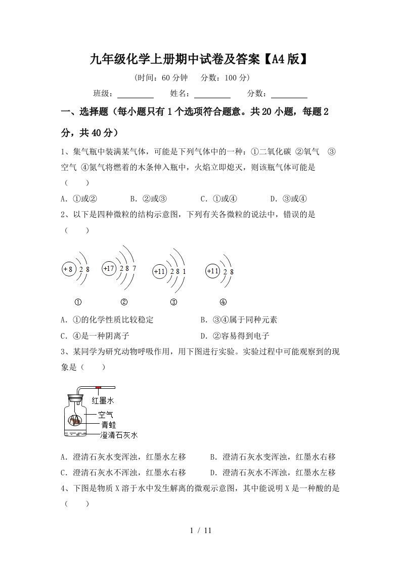 九年级化学上册期中试卷及答案A4版