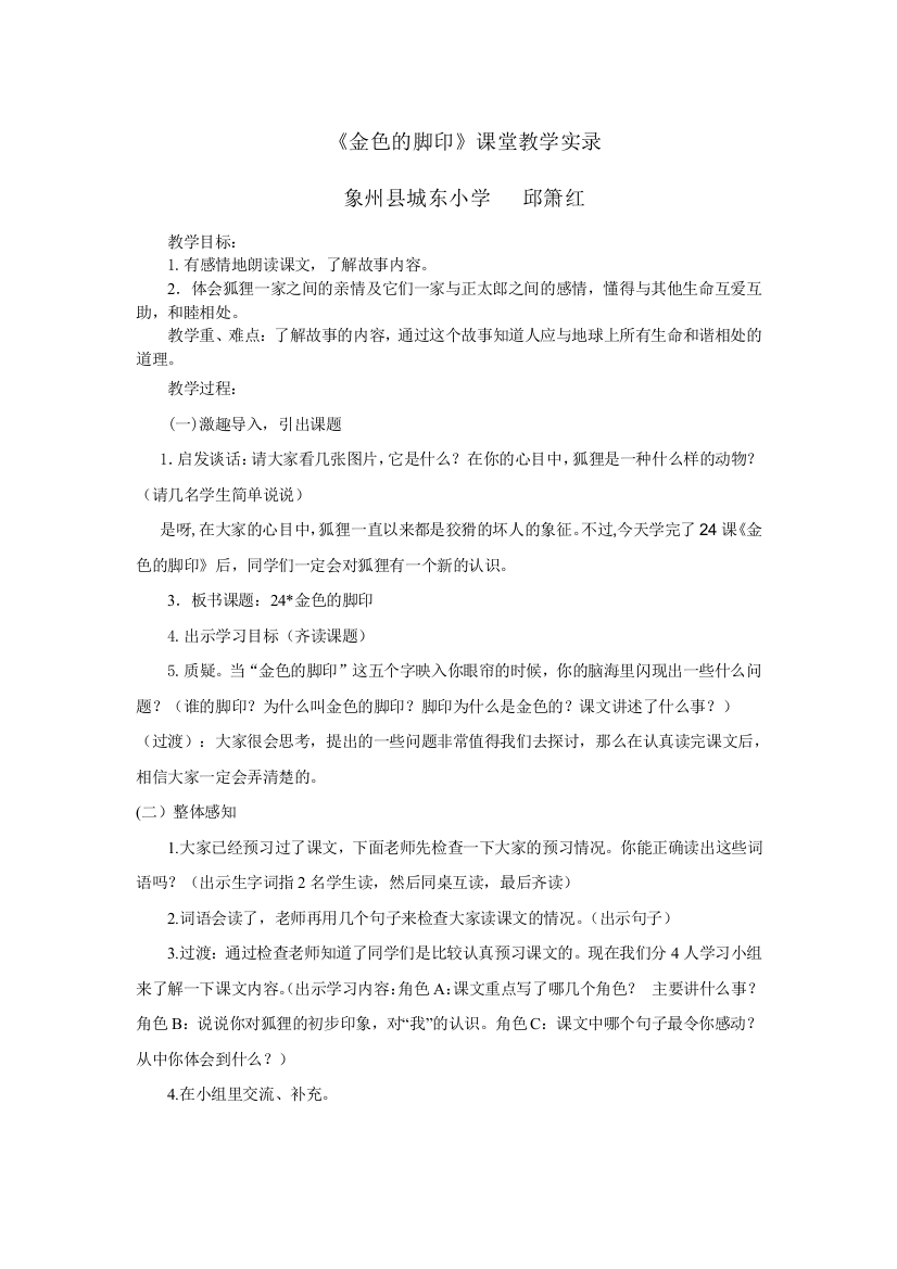 金色的脚印课堂教学实录1