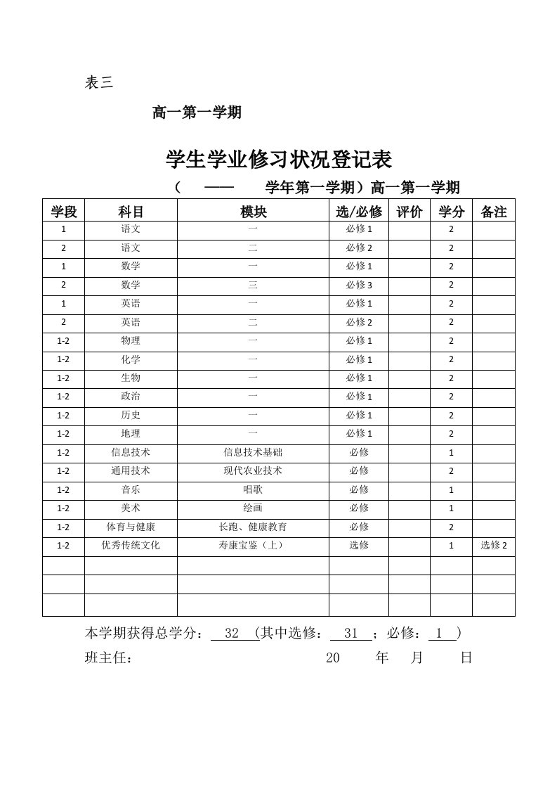 学生学业修习状况登记表(理科版)