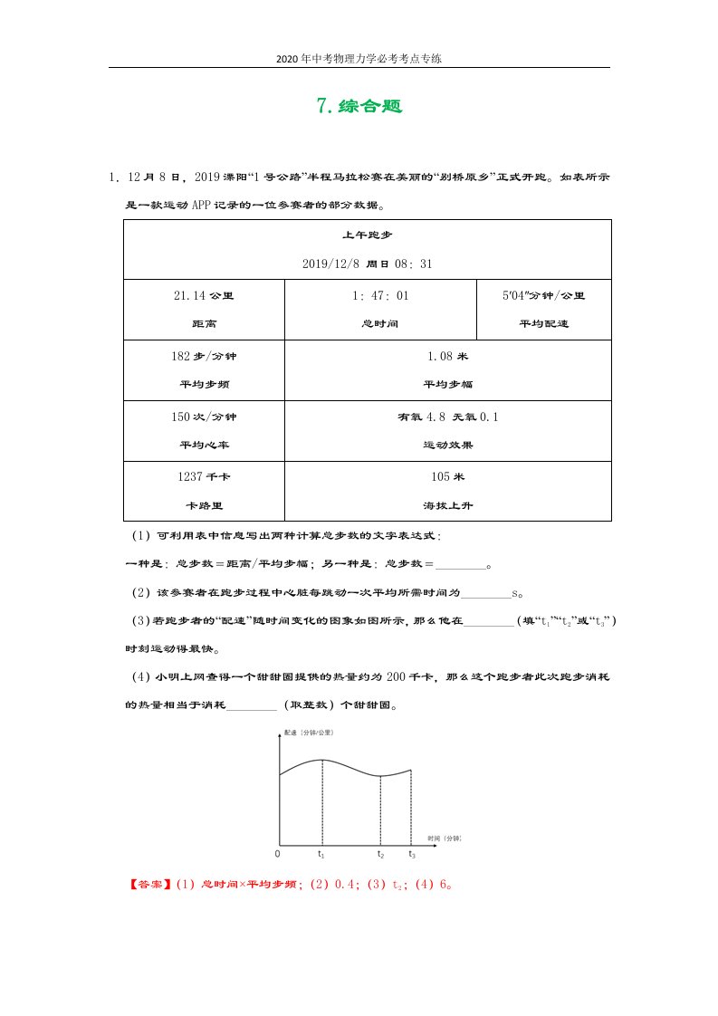 2020年中考物理力学必考考点专练7综合题（含解析）