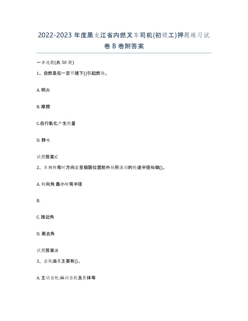 20222023年度黑龙江省内燃叉车司机初级工押题练习试卷B卷附答案