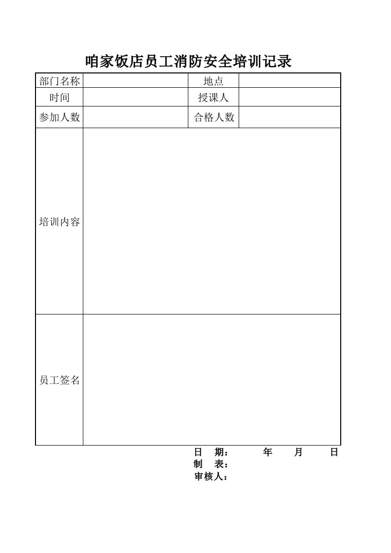 员工消防安全培训记录表