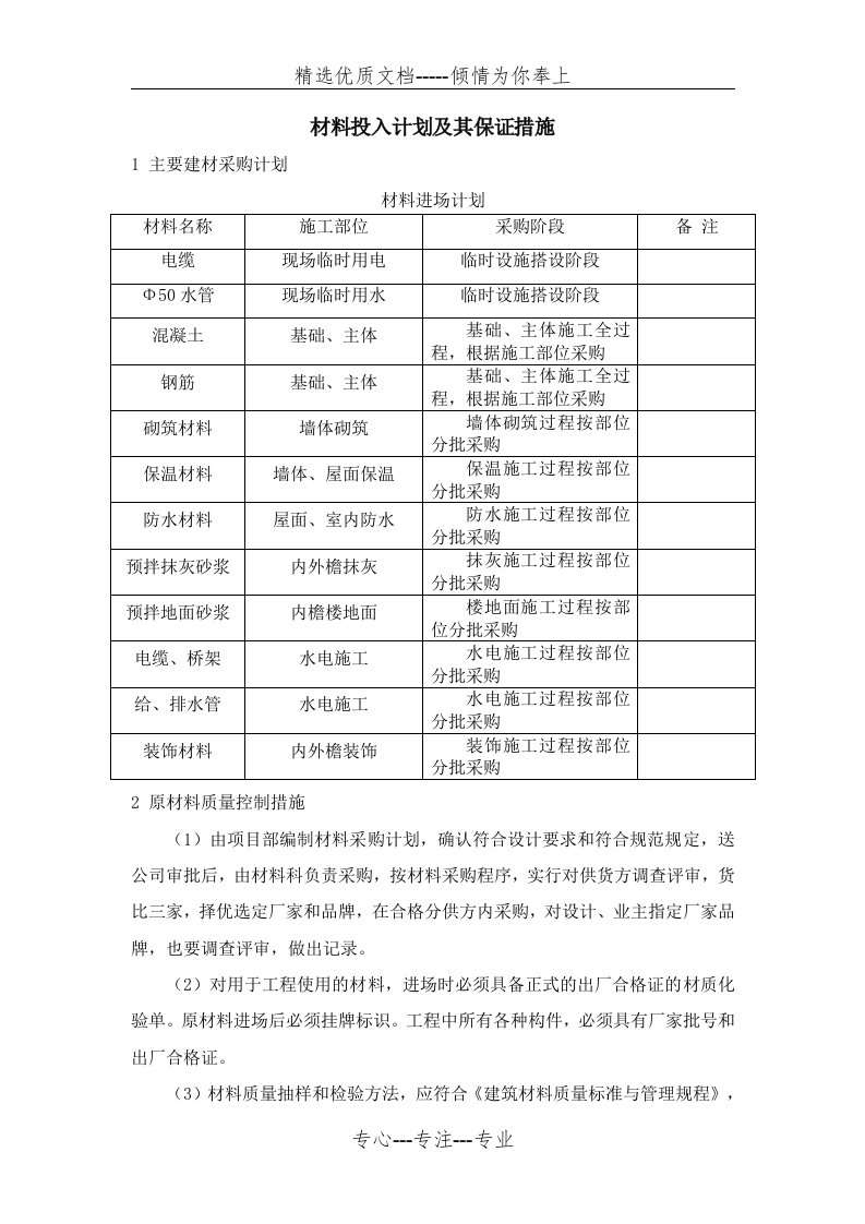 材料投入计划及其保证措施(共8页)